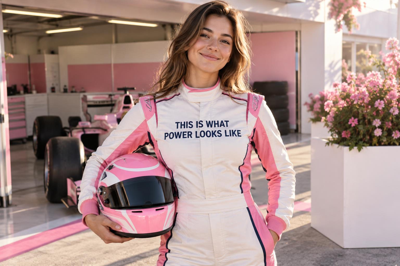 Young woman racing driver smiling in a bright pink and white Formula 1 paddock