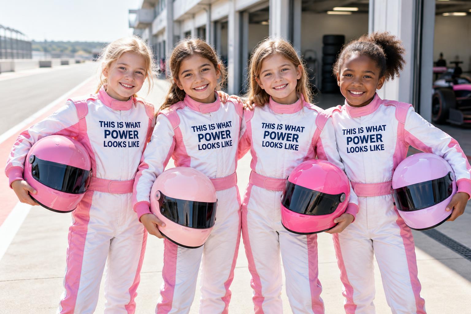 Kids driving mini karts in a pink pit stop play area